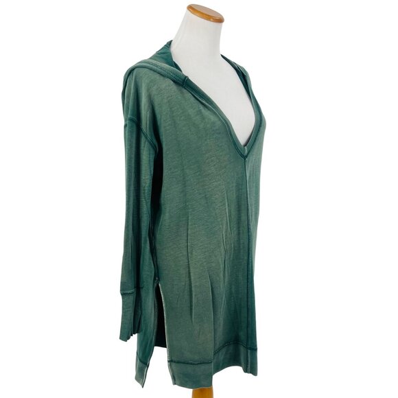RARE Free People Green Casual Boho Oversized Plunging V-Neck Hooded Tunic Top - Picture 3 of 16